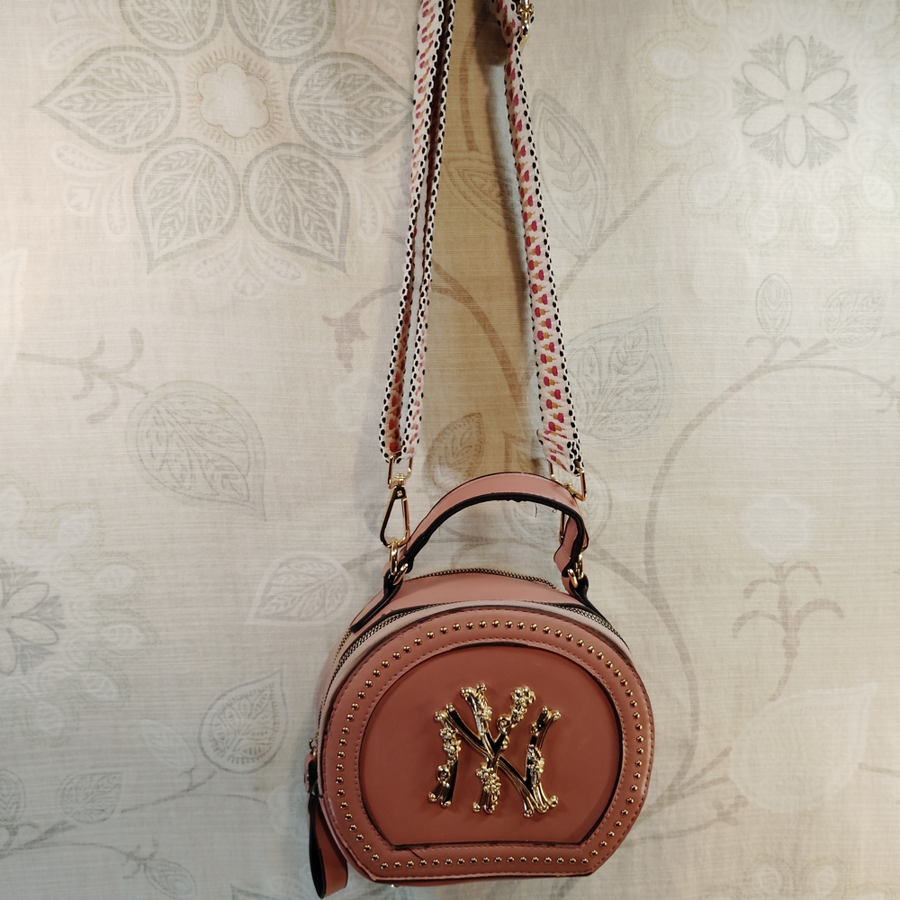 Women's Pink Crossbody Bag with Gold Emblem - Picture 2 of 6